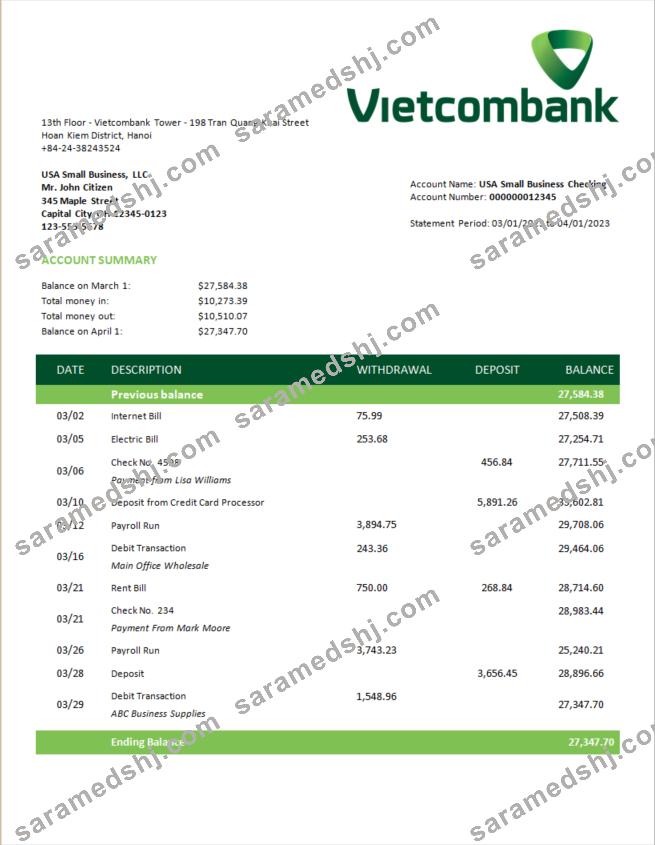 Vietcombank  business statement Word and PDF template